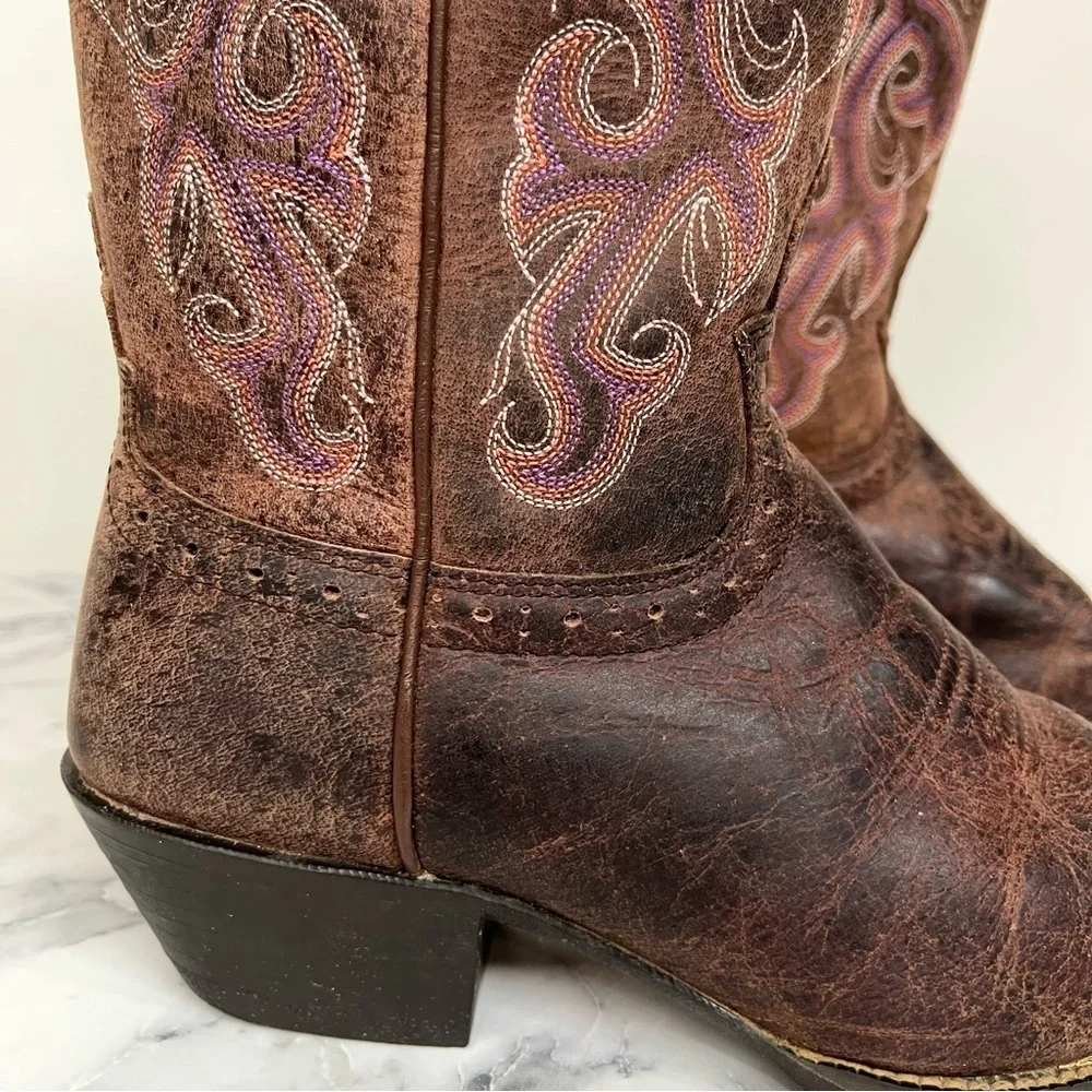 Justin Stampede Chocolate Puma women's 6B cowboy boots Purple Heart embroidery
